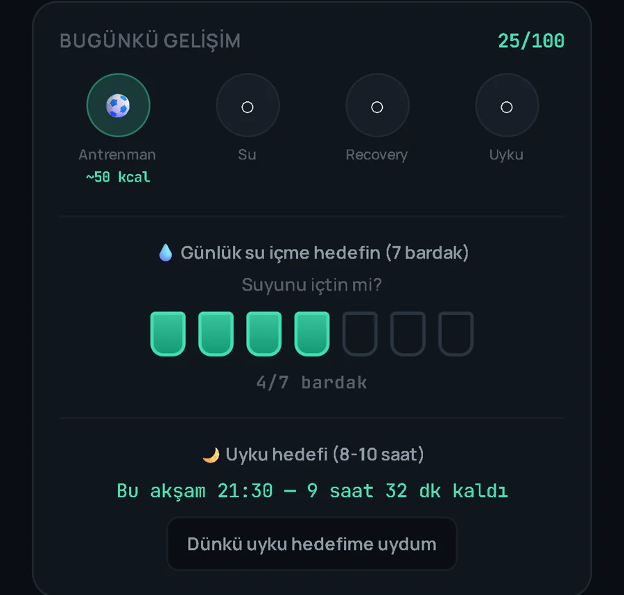 Yapay zeka koçu: bugünkü gelişim, günlük su hedefi (7 bardak) ve uyku hedefi (8-10 saat)