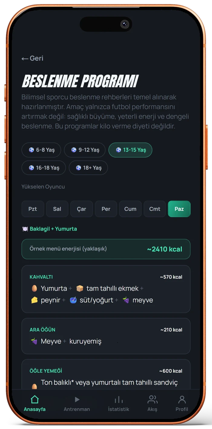 Turuncu iPhone ekranında Teknikmat beslenme programı: yaş grupları, günler, kahvaltı ve ara öğün