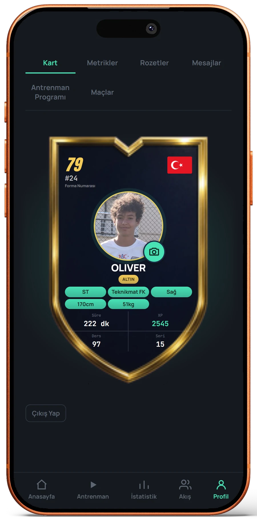 Oliver Kaan'ın fotoğraflı oyuncu kartı: 2000 XP, 80 ders, 191 dakika