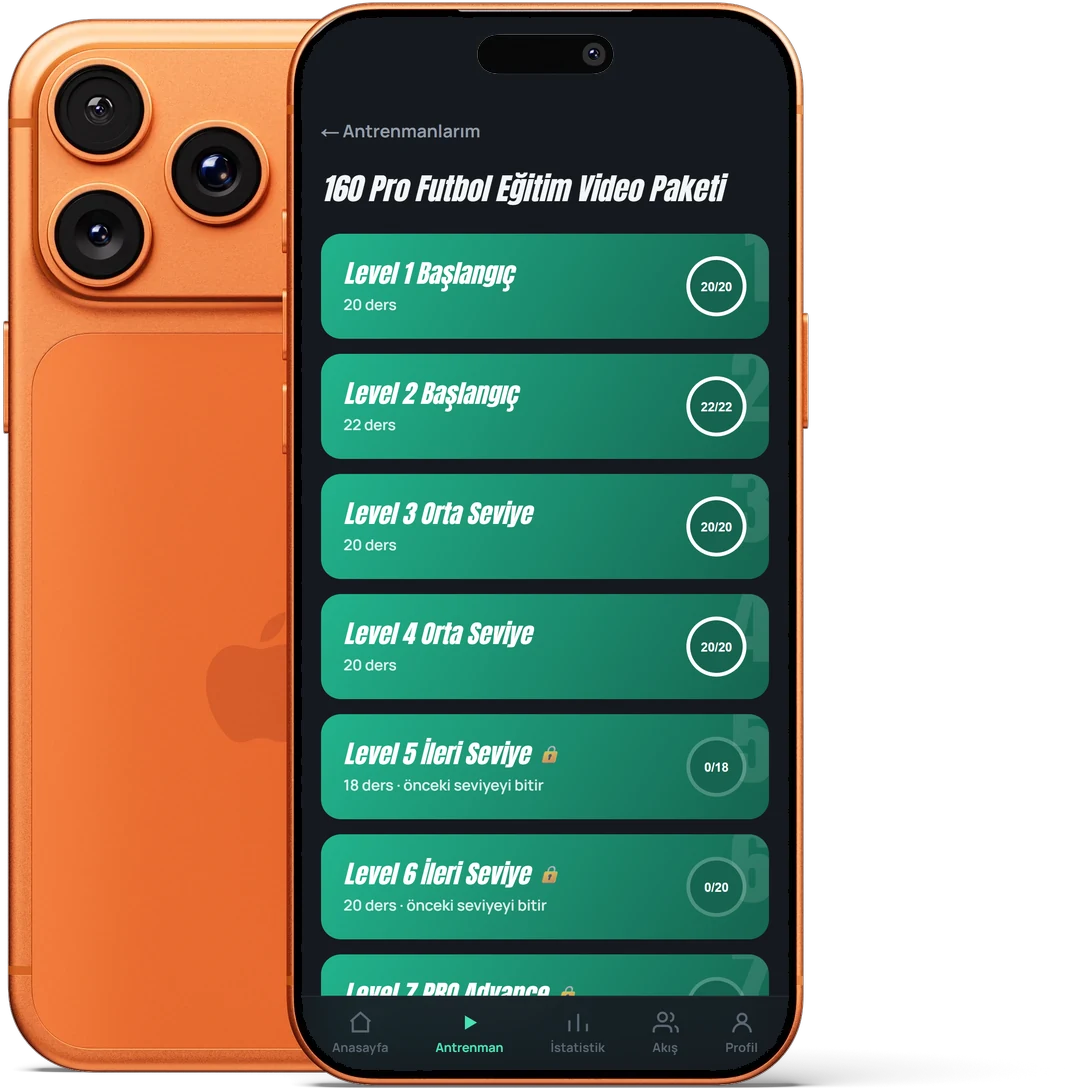 Turuncu iPhone ekranında Teknikmat uygulaması: 160 Pro Futbol Eğitim Videoları seviye listesi