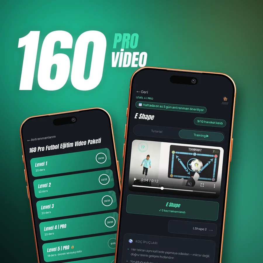160 Pro video: iki turuncu iPhone ekranında Teknikmat seviye listesi ve E Shape antrenman videosu