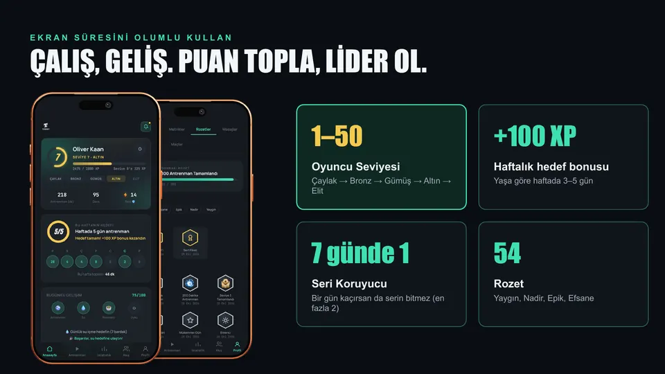 Oyuncu seviyesi, haftalık hedef, seri koruyucu ve rozetler
